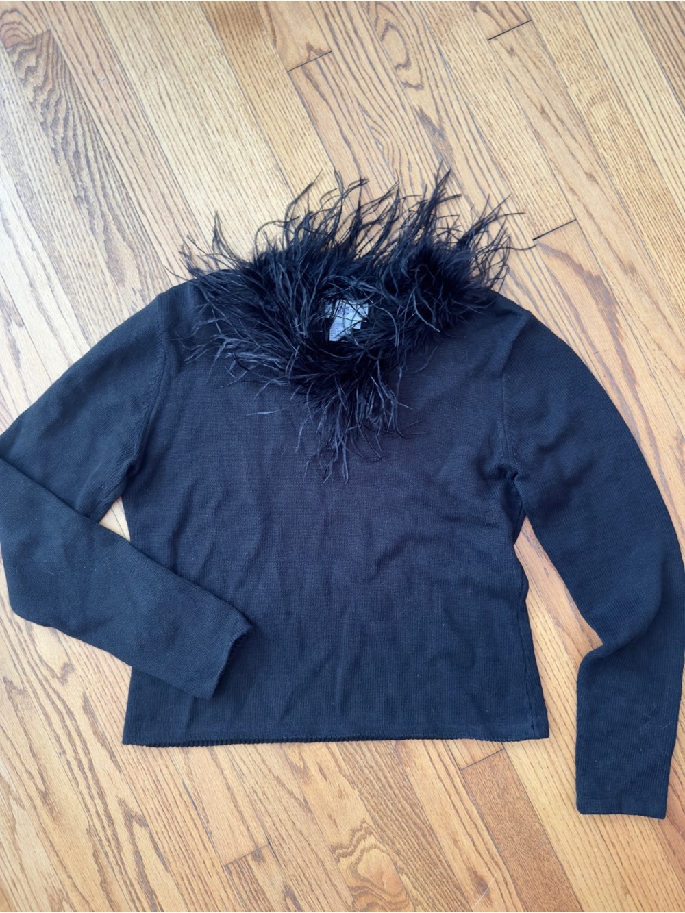 90/00s Rebecca Thomas Y2K Black Feather-Trim Long Sleeve Women's Top